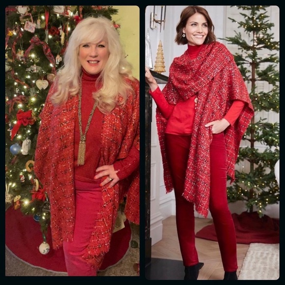 Chico’s One Size Shawl Wrap Red Plaid Fringe Classic - Picture 1 of 8
